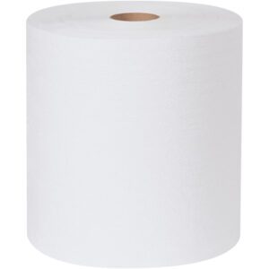 An 8 x 600 Scott® Essential™ Plus White Hard Wound Roll Towel stands upright with a visible core on a plain background, available in convenient packs of 6 rolls per case.