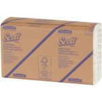 The Scott® Surpass® White C-Fold Towels (16 Packs/Case) are wrapped in brown paper, showcasing branding and product details in multiple languages.