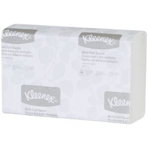 A pack of Kleenex® White Multi-Fold Towels (16 Packs/Case) is shown, featuring a white package with light gray leaf designs, the Kleenex logo, and multilingual product descriptions.