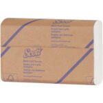 The Scott® Surpass® White Multi-Fold Towels (250/Pack) come in a brown paper wrap with blue text, featuring recycling symbols and bilingual product info, making them an eco-friendly quality paper towel option.