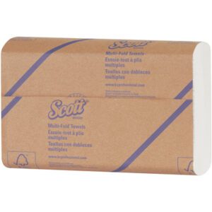The Scott® Surpass® White Multi-Fold Towels (250/Pack) come in a brown paper wrap with blue text, featuring recycling symbols and bilingual product info, making them an eco-friendly quality paper towel option.