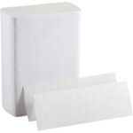 A stack of BigFold Z® White Multi-Fold Towels 220 Sheets (10 Packs/Case) is shown, with two towels partially pulled out in front to highlight their textured surface.
