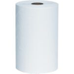 An MH-USA 8 x 350 White Hard Wound Roll Towel, full and unwrapped with a visible cardboard core, stands upright against a plain background, exemplifying the quality of these towels available in cases of 12 rolls.