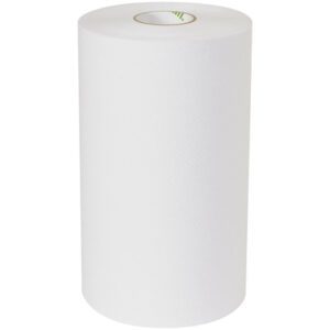 A large SofPull® 9 x 400 paper towel roll stands upright, showcasing its smooth texture and visible open cardboard core. The even lighting enhances its clean appearance, with each case containing six rolls.