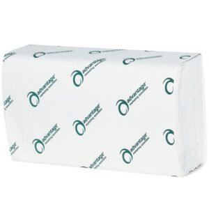 The MH-USA Simple Earth White Single-Fold Towels feature 250 sheets per pack, with branded advantage wrapping, green text, and circular logos. The rectangular case contains 16 packs, providing a tidy paper towel solution.