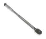 The Vestil Torque Wrench, 10-150 ft-lbs, boasts a silver finish and textured handle for better grip with a square drive head. Displayed diagonally on a white background, it showcases precision and reliability.