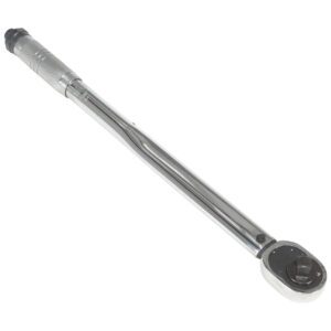 The Vestil Torque Wrench, 10-150 ft-lbs, boasts a silver finish and textured handle for better grip with a square drive head. Displayed diagonally on a white background, it showcases precision and reliability.