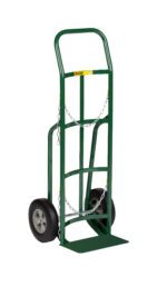 The Little Giant Gas Cylinder Hand Truck is green with a metal frame, two wheels, and a small loading platform. It includes two chains across the frame to securely transport items.