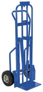 The Vestil Four Wheel Hand Truck W/ 600 Lb Capacity features a blue metal frame with dual vertical handles, black wheels, and a foldable platform, making it ideal for transporting heavy items effortlessly.