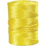 A spool of MH-USA 1/4, 1,150 lb Yellow Twisted Polypropylene Rope is neatly wound around a cylindrical core, showcasing a vibrant color and shiny texture.