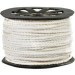 A spool of MH-USA 1/4 white twisted polypropylene rope, with a strength of 1,150 lb, is coiled around a black reel, emphasizing the tightly wound texture and circular form.