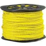 A spool of MH-USA 3/8 yellow twisted polypropylene rope is neatly coiled around a black reel. With a robust design, it can withstand 2,450 lb. The thick, tightly wound ropes vivid color contrasts against the dark spool.