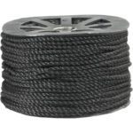 A spool of MH-USA 3/8 black twisted polypropylene rope, designed to hold 2,450 lb, showcases its thickness and texture. The spool features a circular top with a star-shaped cutout design, highlighting its durability and style.
