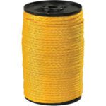 A spool of MH-USA 1/4, 1,000 lb Yellow Hollow Braided Polypropylene Rope (1 Spool/Case) is neatly wound on a black base, with a smooth texture and tight coil indicating its substantial length, making it suitable for multiple uses.