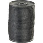 The MH-USA 1/8, 320 lb black solid braided nylon rope spool is neatly wound, showcasing an even texture with a round, flat top and bottom and tightly packed layers around the central core.