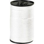 A spool of MH-USA 3/8 white solid braided nylon rope with a black top and bottom, neatly wound to display its textured surface.