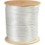 The MH-USA 5/8, 6,000 lb, white solid braided nylon rope is a large spool wrapped around two wooden discs.