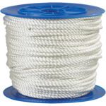 The MH-USA 3/8 white twisted nylon rope, with a strength of 3,240 lb per spool, coiled around a blue plastic reel, ensures durability and reliability.