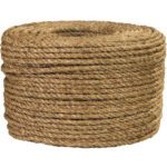 A large coil of MH-USA 1/4, 540 lb, Manila Rope is neatly wound in a cylindrical shape against a white background, appearing thick and sturdy, suggesting its made from natural fibers.