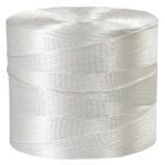 A roll of MH-USA 1-Ply, 110 lb White Polypropylene Tying Twine (10500/Roll) is shiny and translucent, wound cylindrically for a smooth, glossy look.
