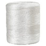 A detailed view features the MH-USA 2-Ply, 315 lb, White Polypropylene Tying Twine (10500/Roll) with a sleek and glossy finish. The large, taut spool stands upright on a plain white background.