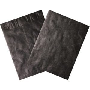 Two black 10 x 13 Tyvek® envelopes are shown overlapping against a white background, highlighting their textured surfaces and flap closures. These durable envelopes (100 per case) provide a sleek look for mailing needs.