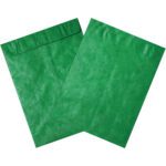 Two Green Tyvek® 10 x 13 Envelopes (100/Case) are on a white background; one closed, highlighting the flap, the other open to display the interior. Both have a smooth texture and vibrant green color contrasting with the backdrop.