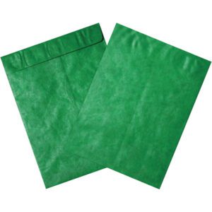 Two Green Tyvek® 10 x 13 Envelopes (100/Case) are on a white background; one closed, highlighting the flap, the other open to display the interior. Both have a smooth texture and vibrant green color contrasting with the backdrop.