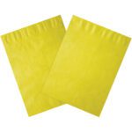 A pair of 12 x 15 1/2 Yellow Tyvek® Envelopes (100/Case) is shown on a plain surface. One envelope partially overlaps the other, displaying its front side, while the back of the second envelope is more visible, emphasizing their renowned durability.