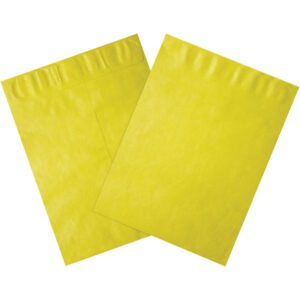 A pair of 12 x 15 1/2 Yellow Tyvek® Envelopes (100/Case) is shown on a plain surface. One envelope partially overlaps the other, displaying its front side, while the back of the second envelope is more visible, emphasizing their renowned durability.
