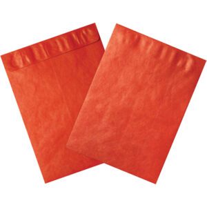Two 9 x 12 Red Tyvek® Envelopes from the 100/Case set are shown overlapping on a white background, displaying their textured surface and secure sealing flap, emphasizing their protective quality.