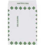 White first-class mail envelope with green diamond-edged patterns features FIRST CLASS MAIL in green, vertically on the left and horizontally at the top. This 10 x 13 x 1 1/2 design resembles our First Class Expandable Tyvek® Envelopes, which come in cases of 100 for increased efficiency.