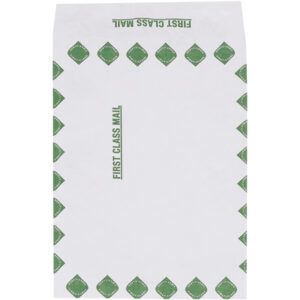 White first-class mail envelope with green diamond-edged patterns features FIRST CLASS MAIL in green, vertically on the left and horizontally at the top. This 10 x 13 x 1 1/2 design resembles our First Class Expandable Tyvek® Envelopes, which come in cases of 100 for increased efficiency.
