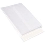 A plain, white paper bag with a folded flap lies flat on a white surface, similar to a 10 x 13 x 1 1/2 White Expandable Tyvek® Envelope (100/Case) with an open top that reveals its smooth interior.