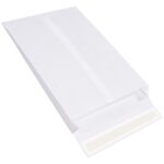 A 12 x 16 x 2 white expandable Tyvek® envelope with an adhesive strip lies on a flat surface, its flap partially open to show the sealing area. Sold in cases of 100, this durable envelope is perfect for secure mailing needs.
