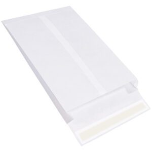A 12 x 16 x 2 white expandable Tyvek® envelope with an adhesive strip lies on a flat surface, its flap partially open to show the sealing area. Sold in cases of 100, this durable envelope is perfect for secure mailing needs.