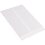 Against a white backdrop, a diagonally oriented 9 x 12 White Flat Tyvek® Envelope is shown with the peel-and-seal flap at the bottom. This design emphasizes neat organization and durable construction, making it perfect for bulk needs with 100 envelopes per case.