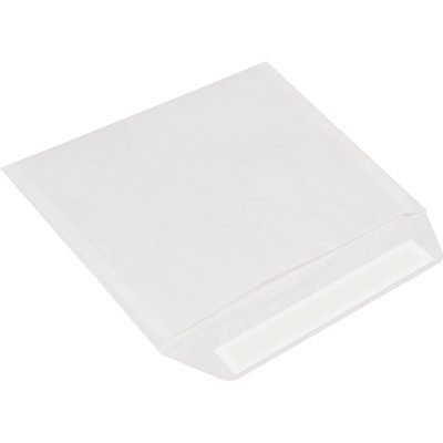 TYF0912WS.jpg A white, square envelope seen from an angle with an open flap and adhesive strip, similar to 9 x 12 White Flat Tyvek® Envelopes (100/Case), featuring a smooth texture and clean edges.