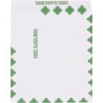 A 10 x 13 Tyvek® mailer with green diamond edges and FIRST CLASS MAIL text, sold in packs of 100 per case.