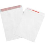 Two white peel-and-seal envelopes are shown: one lies flat with its flap open and adhesive strip visible, while the other is propped up to highlight its smooth exterior and partially seen flap. These 10 x 13 Tamper Evident Tyvek® Envelopes (100/Case) ensure document security and integrity.