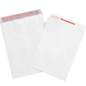 Two white peel-and-seal envelopes are shown: one lies flat with its flap open and adhesive strip visible, while the other is propped up to highlight its smooth exterior and partially seen flap. These 10 x 13 Tamper Evident Tyvek® Envelopes (100/Case) ensure document security and integrity.