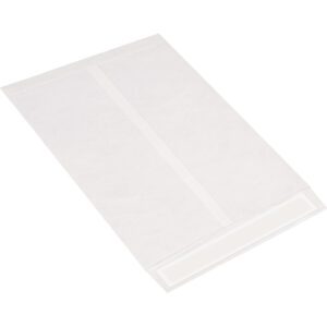A plain white paper bag, similar to 10 x 13 White Flat Tyvek® Envelopes (100/Case), showcases a flat base on a white backdrop. Slightly angled, its top edge stays straight for a clean, minimalist appearance.