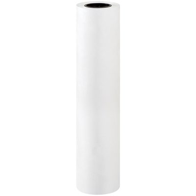 TYR24150WH.jpg A cylindrical, label-free roll of 24 x 150 White Tyvek® stands upright. With a hollow core and smooth surface, it is presented against a plain background, highlighting the sleek design of this versatile material available in each case as 1 Roll/Case.