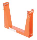 The Vestil Portable Storage U-Rack 6K Cap per set is an orange metal forklift attachment with a rectangular base and two vertical supports, each equipped with a latch mechanism and small chains for securing or lifting items effectively.