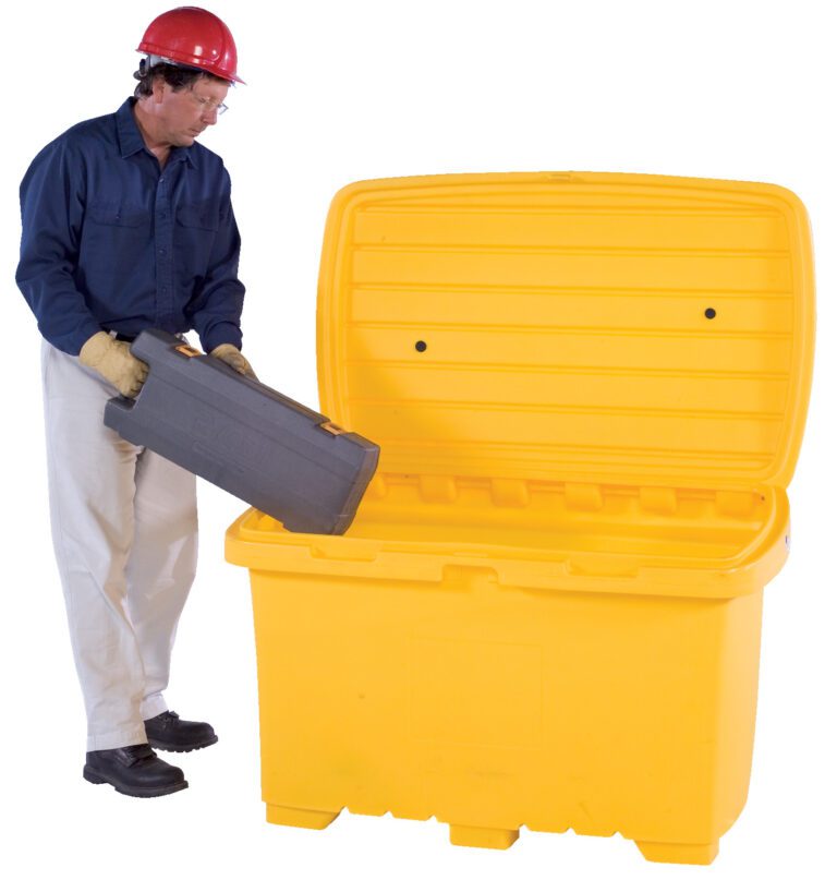 UBX-Y-NW_A.jpg Wearing a red hard hat, blue shirt, beige pants, safety goggles, and gloves, a person places a gray toolbox into an open-lid Vestil Utility Box - Yellow - No Wheels.