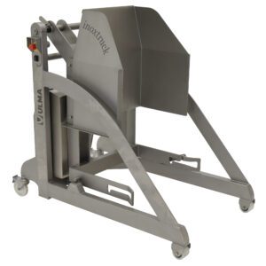 The Vestil Bin Tilter is a complete industrial lifting device with wheels and a curved stainless steel frame, similar to the ULMA inoxtruck. It features side controls for efficient handling and moving of heavy materials.