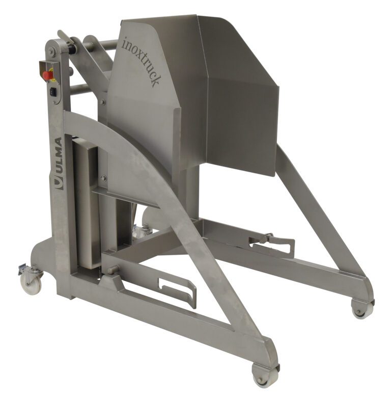 The Vestil Bin Tilter is a complete industrial lifting device with wheels and a curved stainless steel frame, similar to the ULMA inoxtruck. It features side controls for efficient handling and moving of heavy materials.