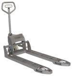 The gray ULMA pallet jack, similar in quality to the Vestil Stainless Steel Hyd Hnd Pump Pallet Jack, features a handle and dual forks for manual lifting and moving pallets. Its white wheels enhance its metallic structure, ideal for warehouses or stores.