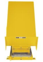 A yellow industrial chute with a rectangular bottom opening is seen vertically against a white background. It displays safety warnings like those on the yellow Vestil Lift Table 2K 24X48, highlighting secure operation practices.