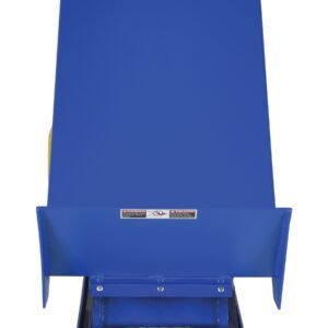 The blue Vestil Lift Table 4K 24X48 has a chute-like design, rectangular shape, and safety warning labels, making it ideal for material handling. It stands against a white background and runs on 208V 3 Phase.